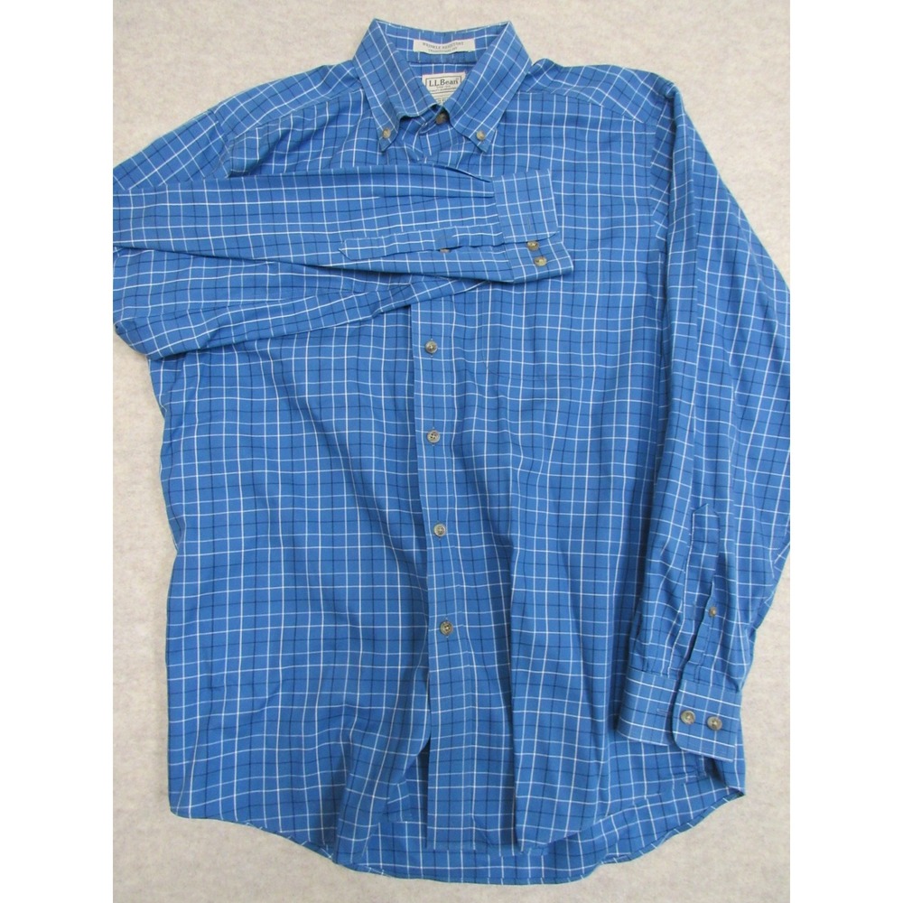 LL Bean Mens Blue Grid Plaid Wrinkle Resistant Button Down Shirt M Reg 269337 - Picture 2 of 7